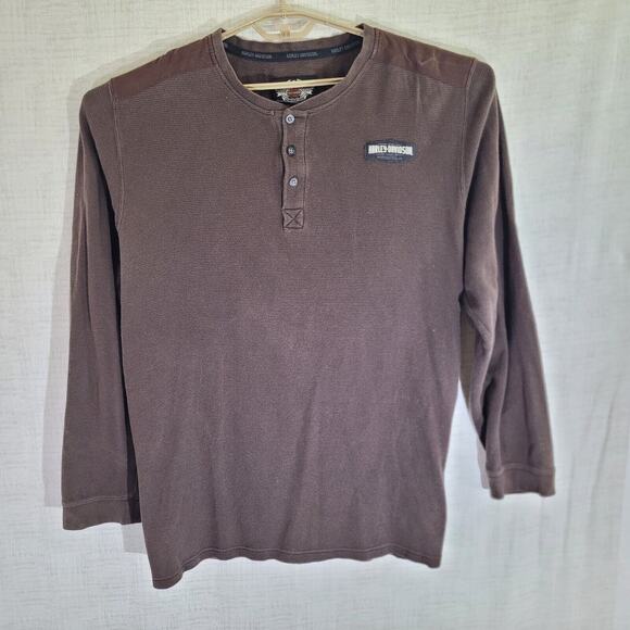 Harley-Davidson Other - Harley Davidson Thermal Henley Shirt Mens XL Brown Elbow Patch Motorcycle Waffle
